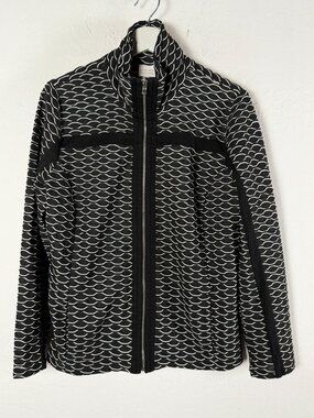 Chico's Collection Womens Textured Full Zip Jacket Black White Wave Print Size 1
